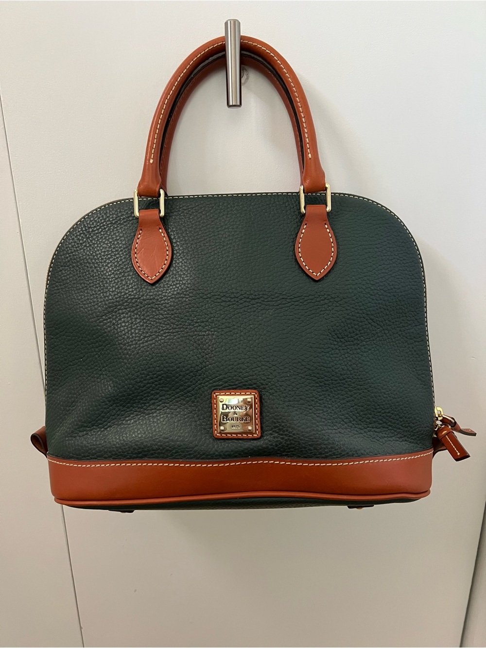Dooney & Bourke Dark Green Pebble Leather Satchel with Brown Trim
